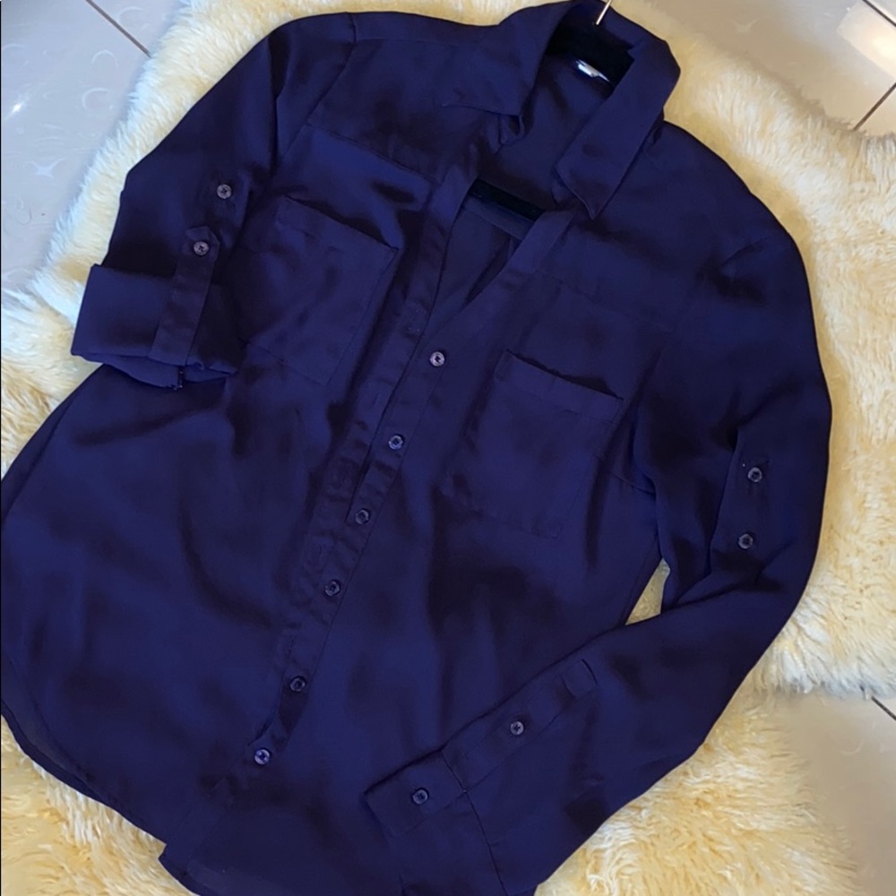 Express Bottom down purple shirt, roll up sleeve.